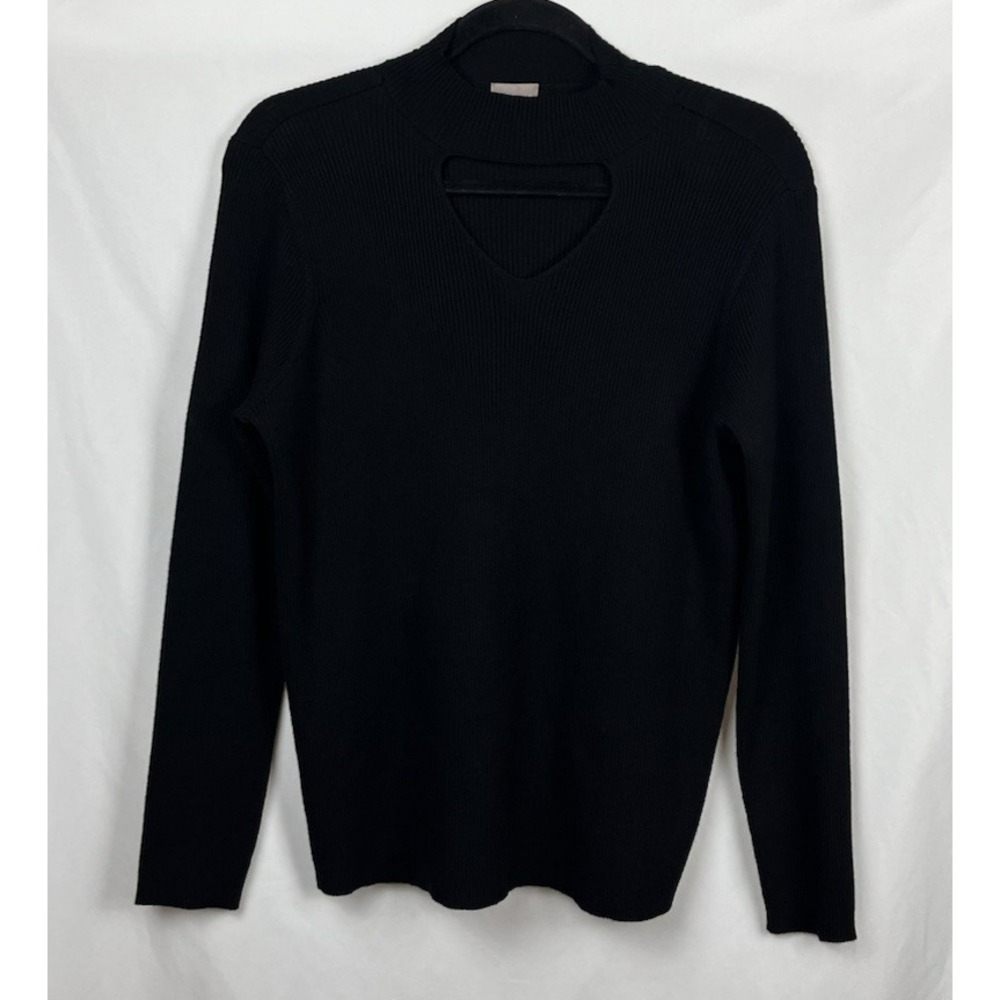 CHICO'S Black Ribbed Mock Neck Keyhole Sweater Size 1 (M) Long Sleeve Stretchy - Picture 3 of 13